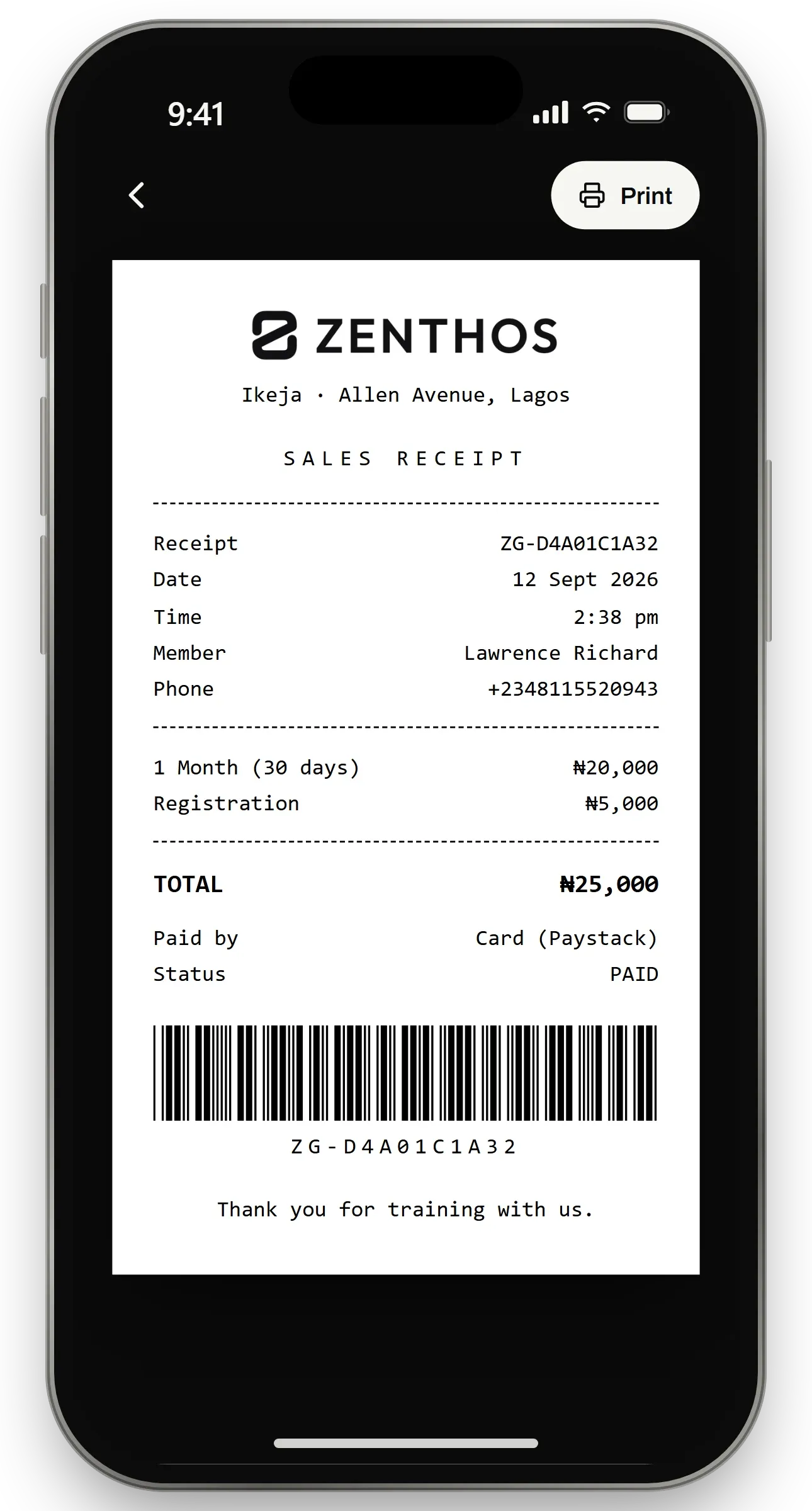 Printable receipt